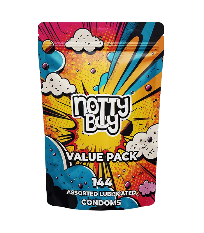 NottyBoy Bulk Condoms 144 Count Variety Pack – Ribbed and Dotted, Over Time, Extra Lube, 4 in One, Ultra Fine, 1500 Dots, Super Slim, 3 in 1 and Flavour